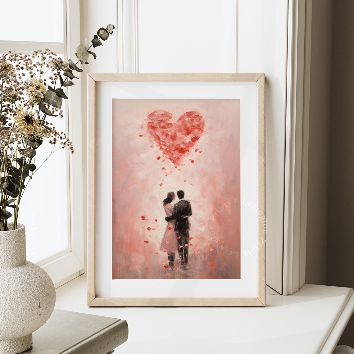 Embracing Couple Beneath Heart of Rose Petals Romantic Art Print