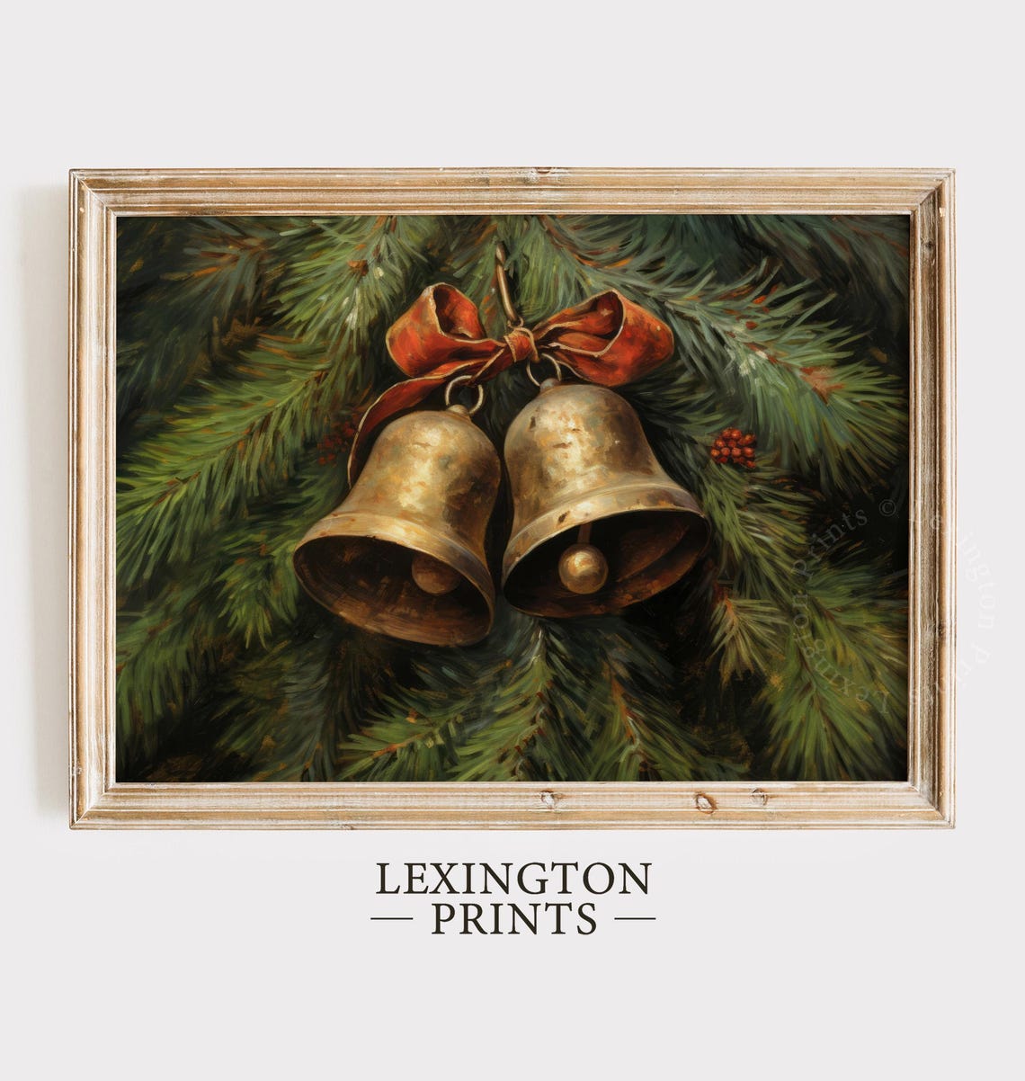 Christmas Brass Jingle Bells Pine Branch Red Bow Vintage Wall Art
