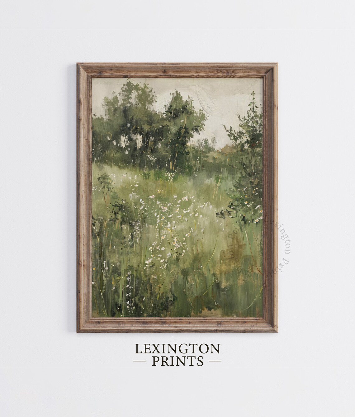 Soft Sunlit Wildflower Morning Meadow with Green Trees Watercolor Art Print - Image 5