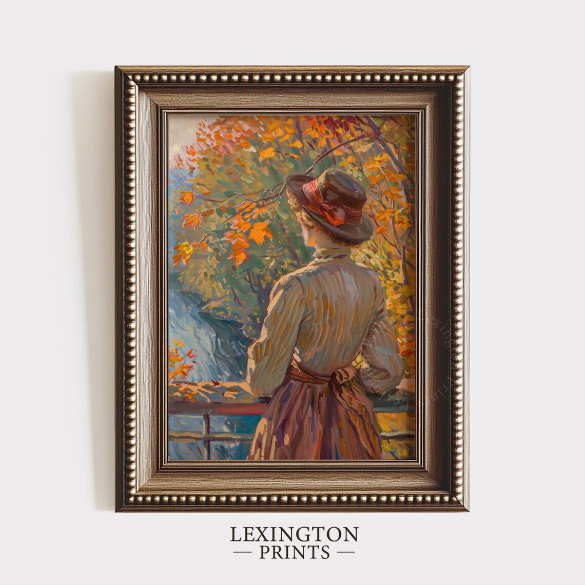 Woman in Hat Gazing at Autumn Waterfall from Behind Scenic Poster - Image 4