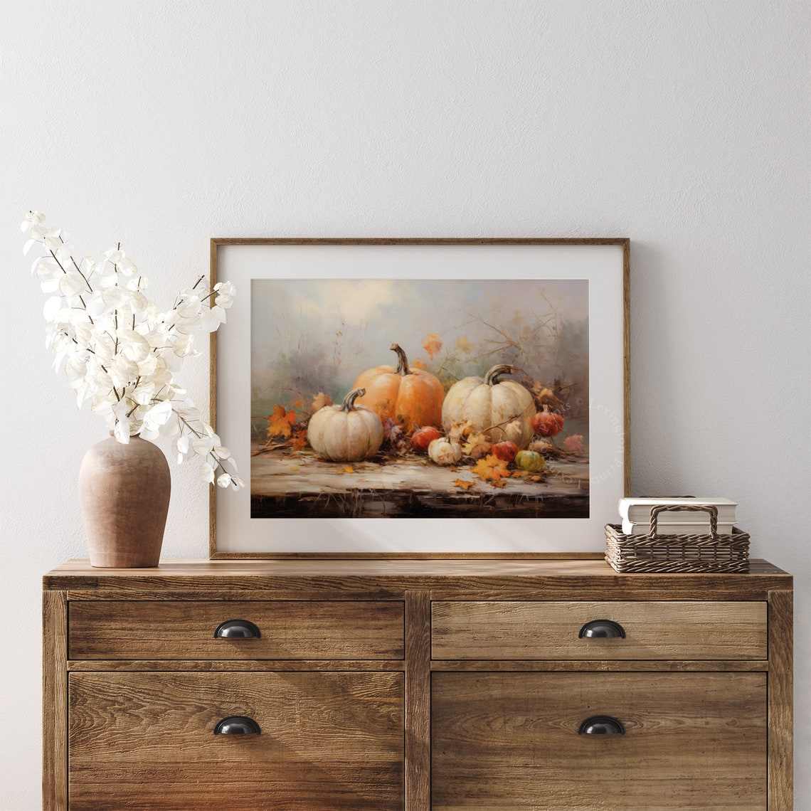 White and Orange Pumpkins Still Life on Wood Table Fall Poster - Image 7
