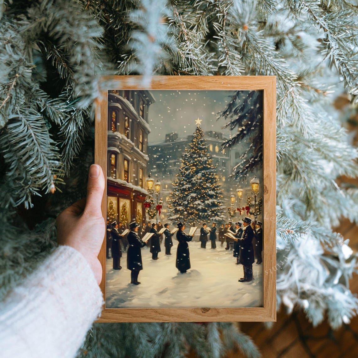 Victorian Christmas Carolers Singing by Lit Tree Snowy Poster - Image 8