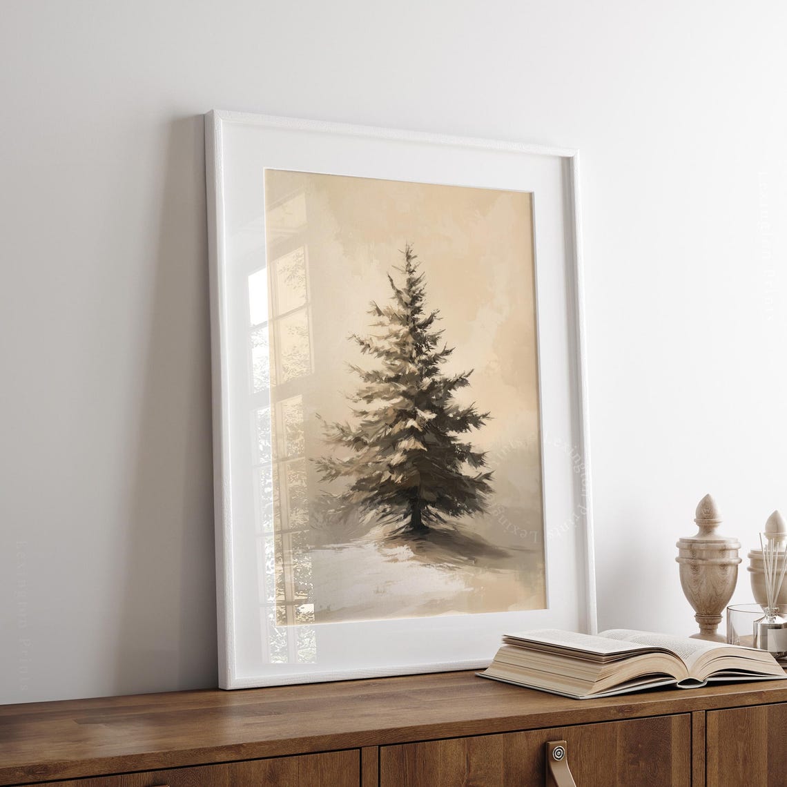 Lone Snowy Pine Tree Minimalist Winter Forest Watercolor Art Poster - Image 8