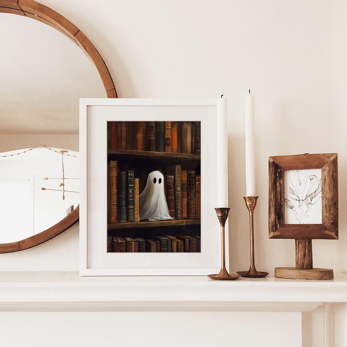 Little Ghost on Old Library Bookshelf Vintage Halloween Wall Art - Image 3
