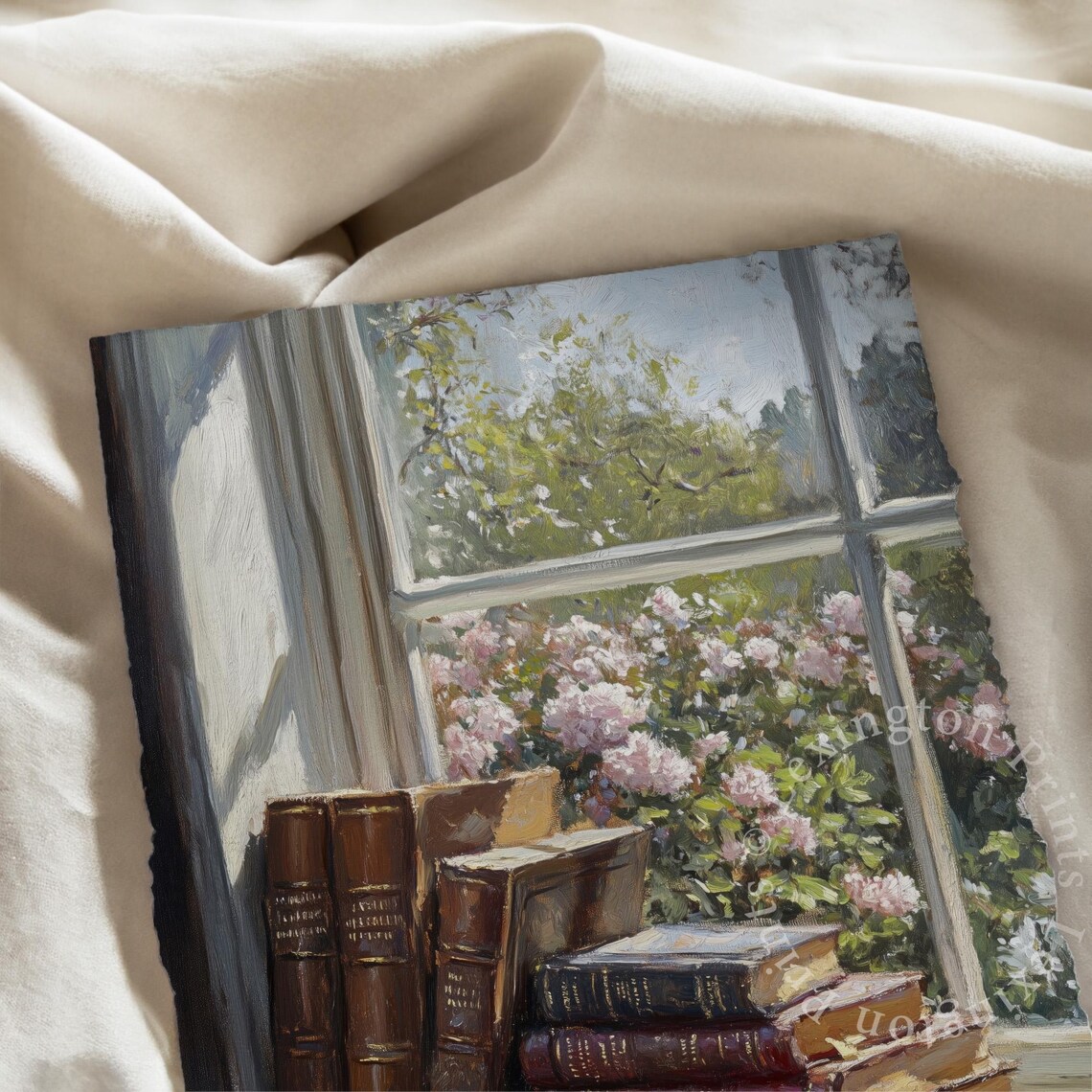 Antique Books on Windowsill Overlooking Rose Garden Still Life Print - Image 8