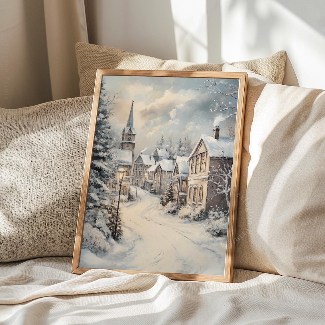 Snowy Village Church Steeple Christmas Winter Painting Poster - Image 8