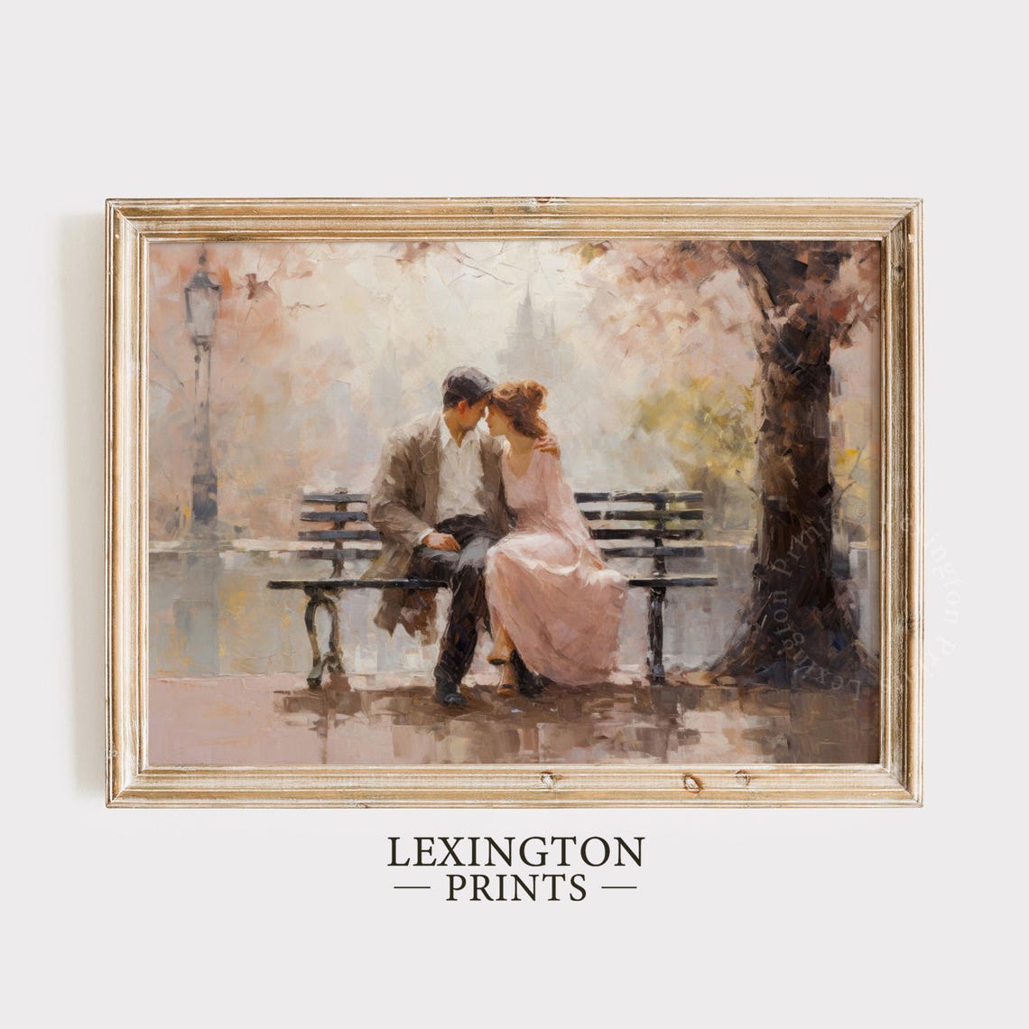 Romantic Couple on Park Bench Under Autumn Tree Watercolor Art Print - Image 6