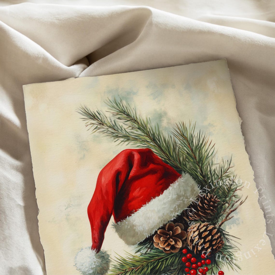 Santa Hat with Pine Branches and Pinecones Christmas Painting Poster - Image 8
