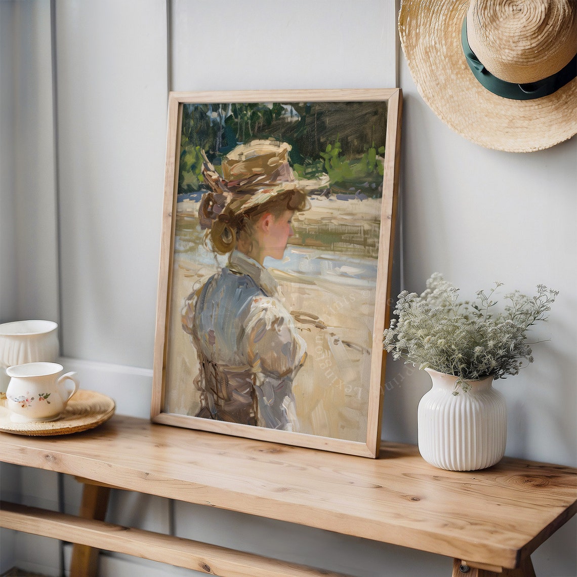 Woman in Straw Hat at the Beach Impressionist Summer Portrait Poster - Image 3