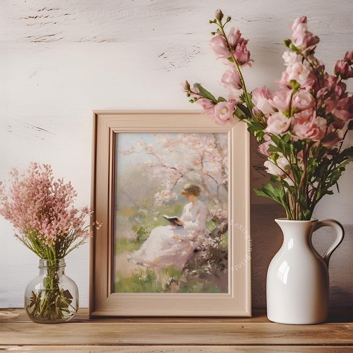 Spring Blossom Reader Woman Under Cherry Tree Painting Poster - Image 3