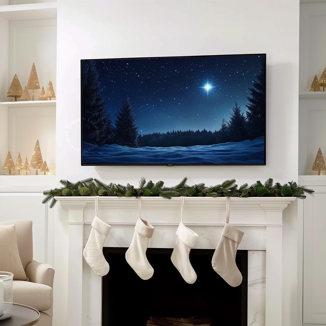 Starry Winter Night Over Snowy Forest Bright North Star TV Art Poster - Image 7