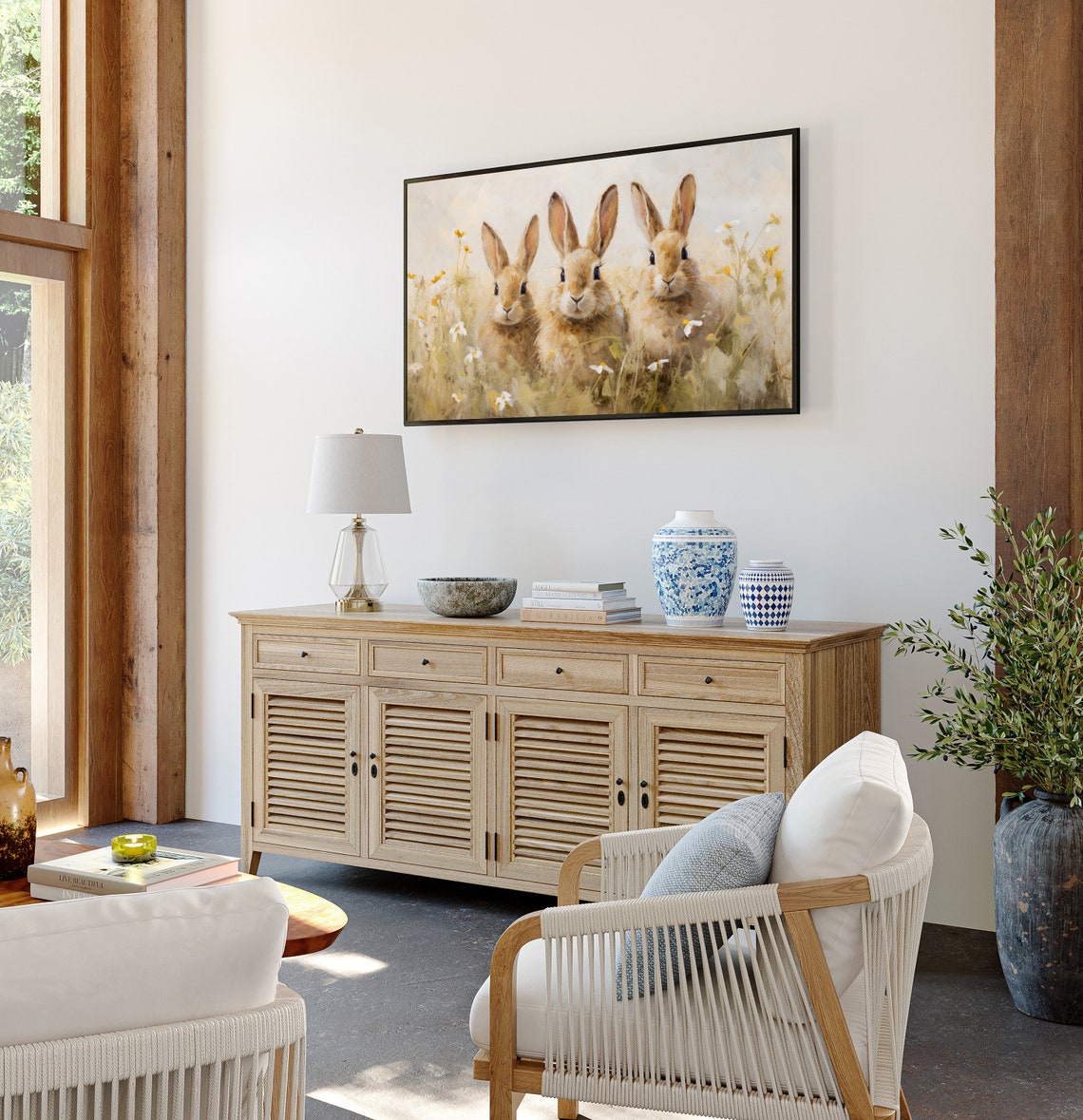 Three Bunnies in Wildflower Meadow Cute Spring Animal Poster - Image 2