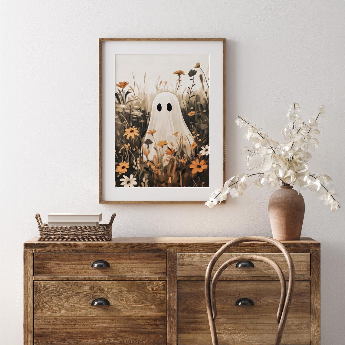 Cute Ghost Hiding in Autumn Wildflower Field Playful Halloween Poster - Image 4