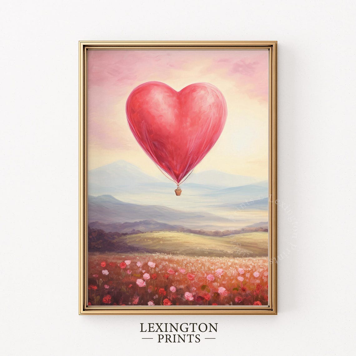 Red Heart Hot Air Balloon Over Wildflower Meadow Sunset Art Print - Image 6