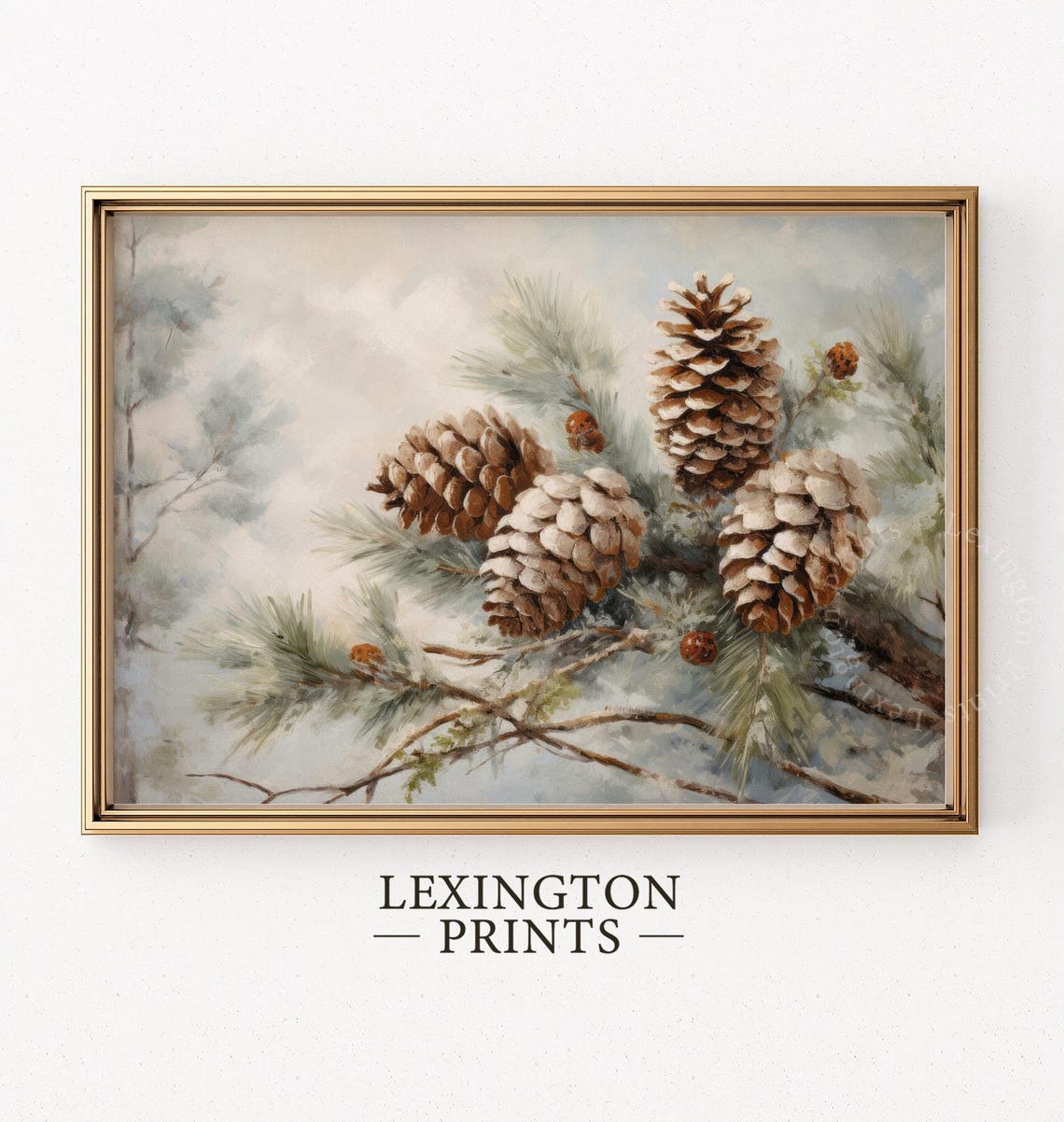 Snowy Pine Cones Frosted Evergreen Branch Winter Painting Poster - Image 6