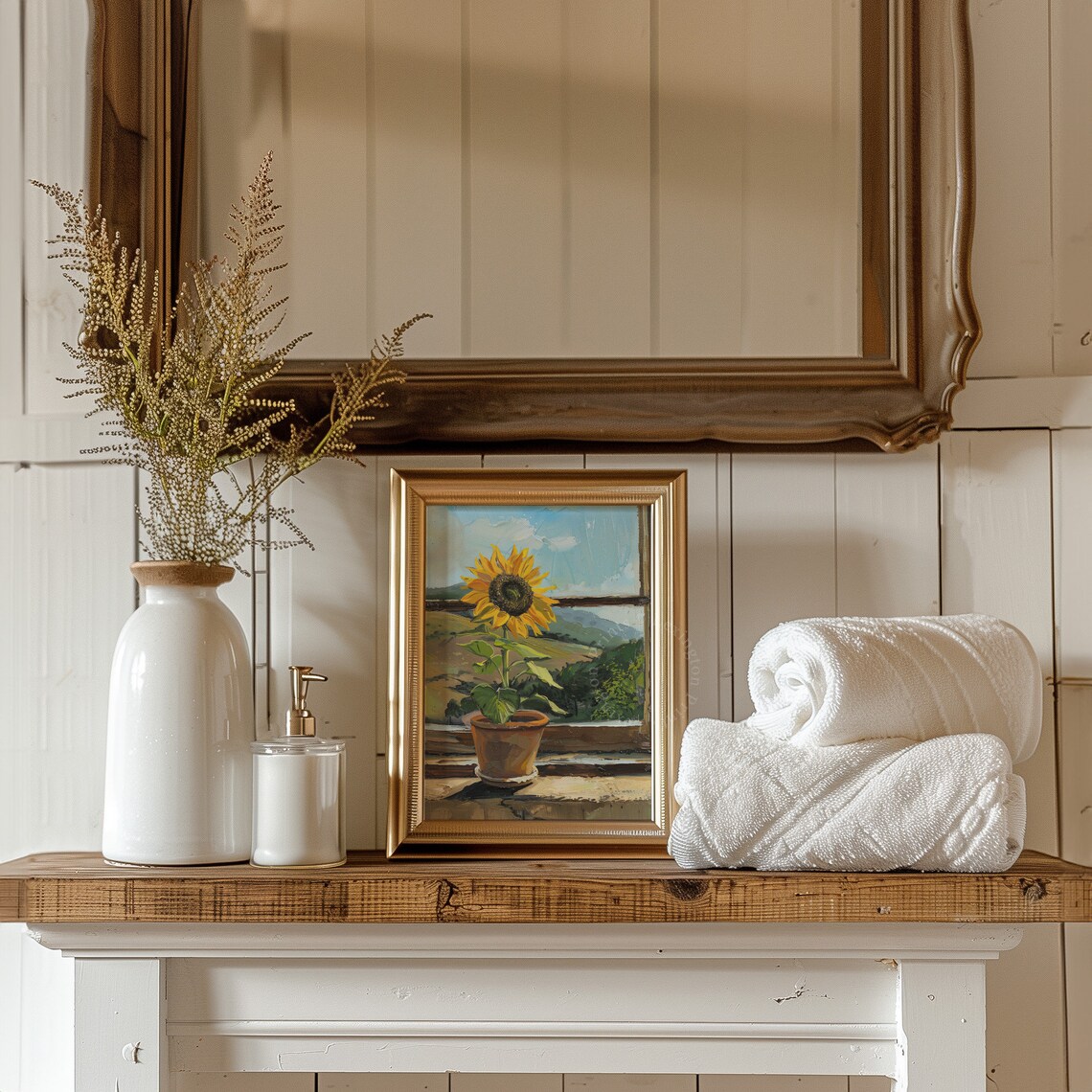 Potted Sunflower Painting Sunny Windowsill Rolling Hills Farmhouse Poster - Image 3