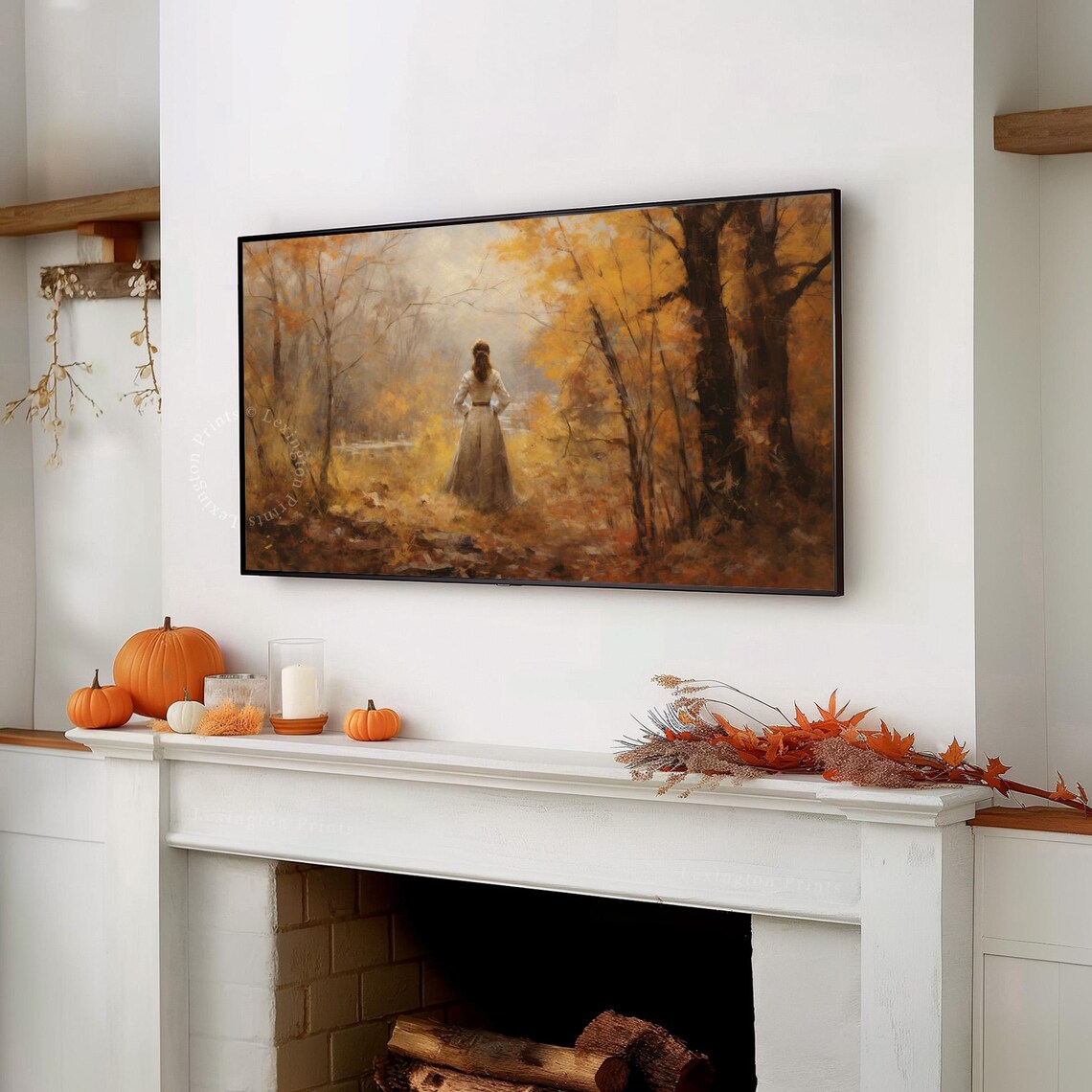 Woman in Golden Autumn Forest Fall Vintage Frame TV Art Print - Image 7