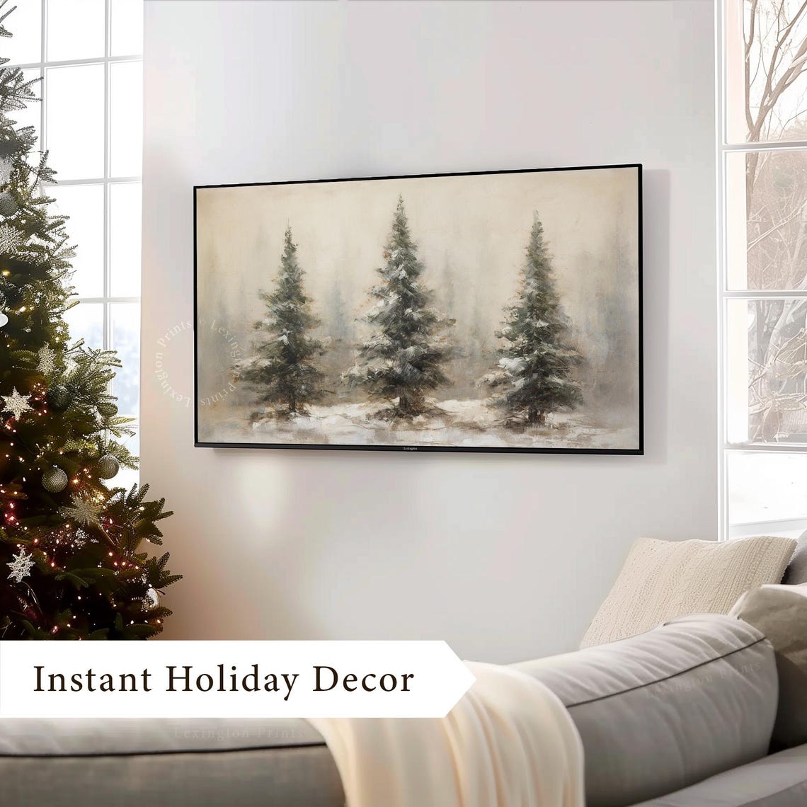 Three Snowy Evergreen Trees in Winter Fog Frame TV Art Poster - Image 3