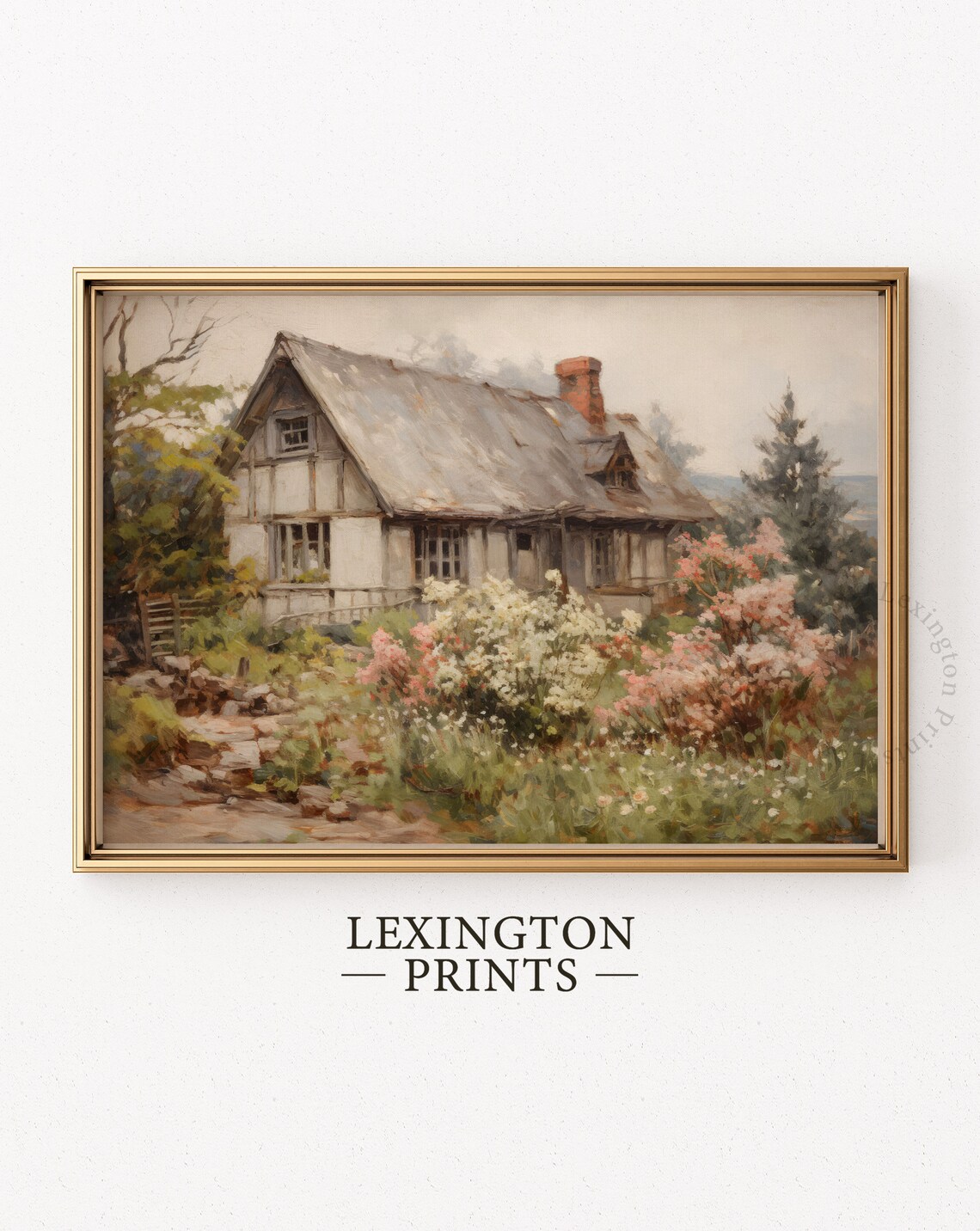 Rustic Old Cottage Pink Flower Garden Vintage Oil Painting Wall Art - Image 2