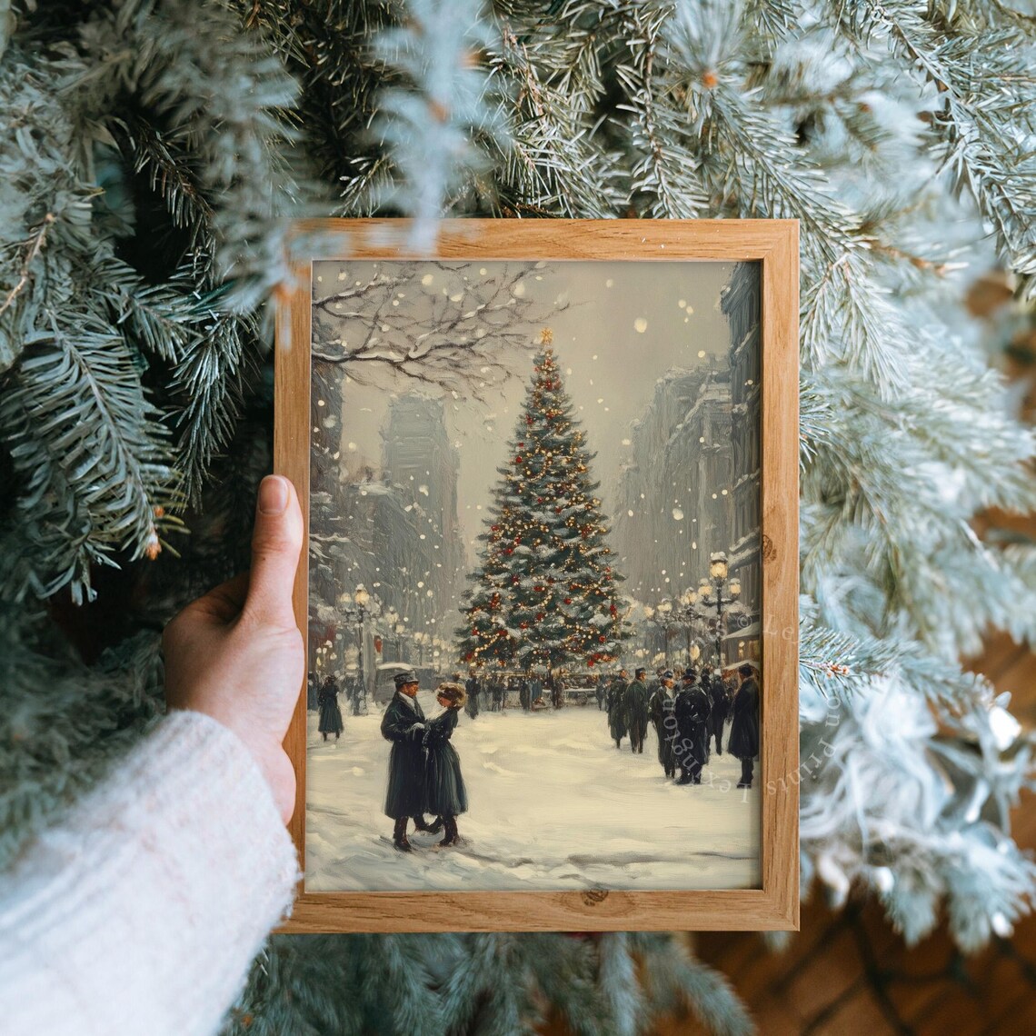 Snowy City Christmas Tree Vintage Couple Winter Painting Poster - Image 8