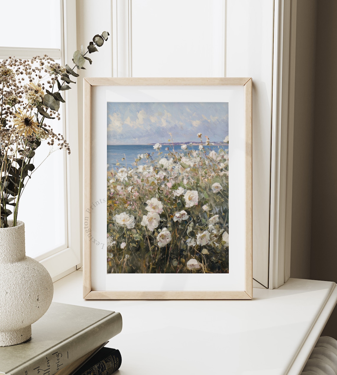 White Wildflowers by the Sea Coastal Summer Vintage Painting Poster - Image 4
