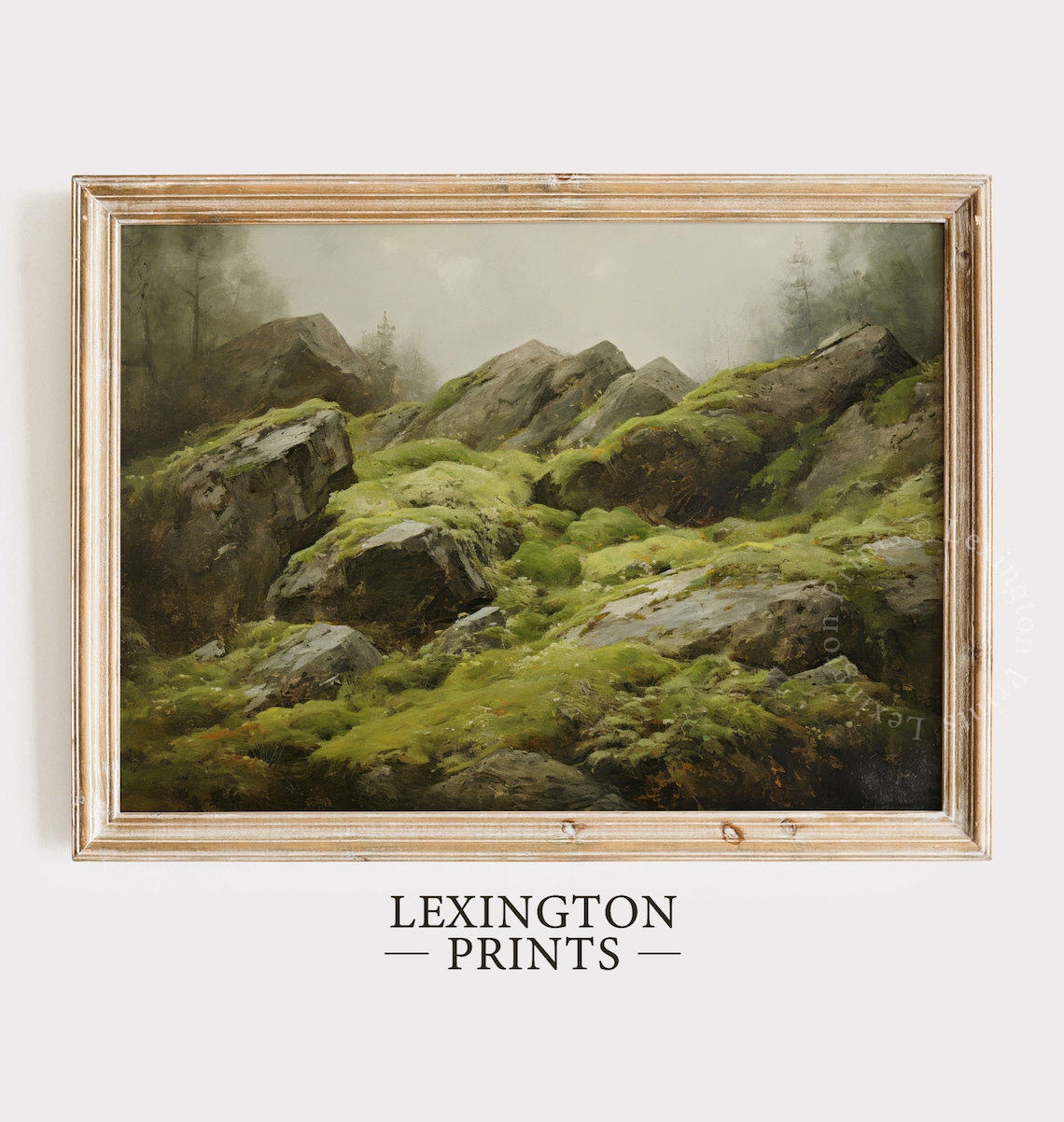 Moss Covered Rocks in Misty Green Forest Oil Painting Poster - Image 6