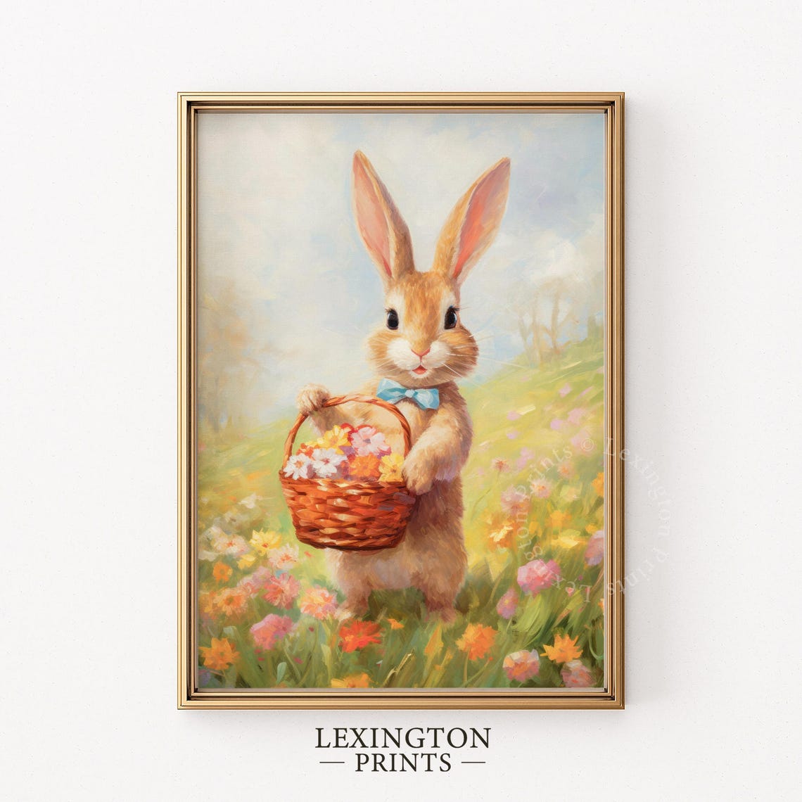 Cute Easter Bunny with Flower Basket Spring Meadow Kids Bedroom Print - Image 5