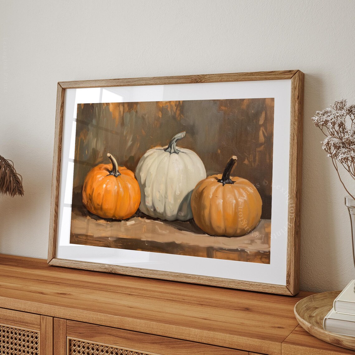 Three Orange and White Pumpkins Still Life Oil Painting Fall Poster - Image 8