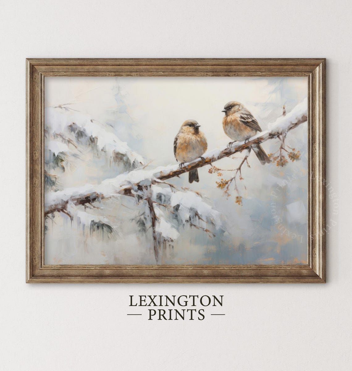 Two Fluffy Songbirds Resting on Snowy Pine Branch Winter Poster - Image 3