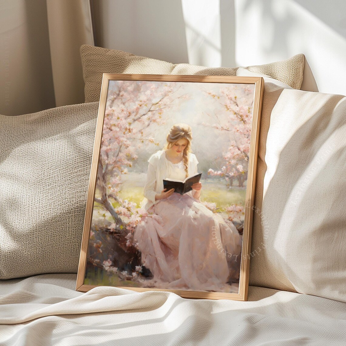 Woman Reading Book under Cherry Blossoms Pink Spring Garden Poster - Image 8