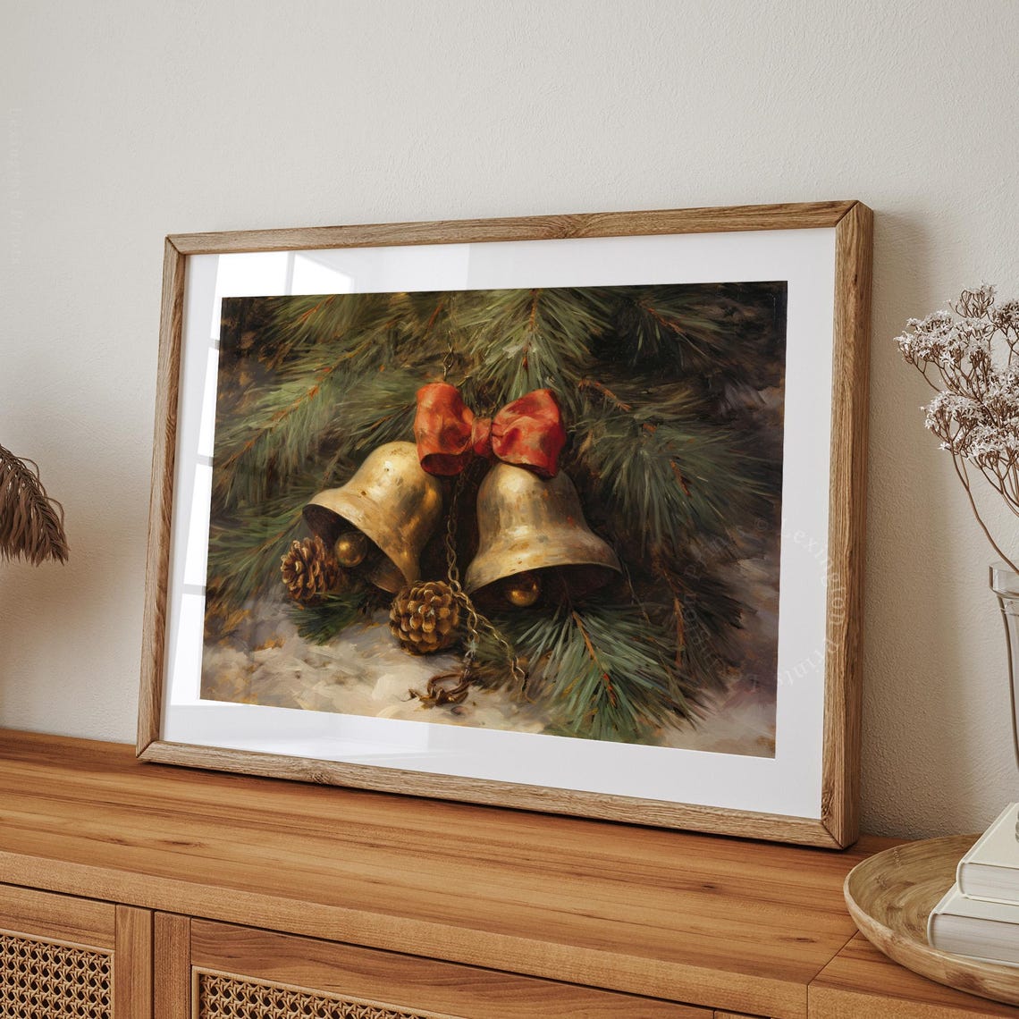 Vintage Brass Christmas Bells Pinecones Red Bow Rustic Wall Art - Image 4