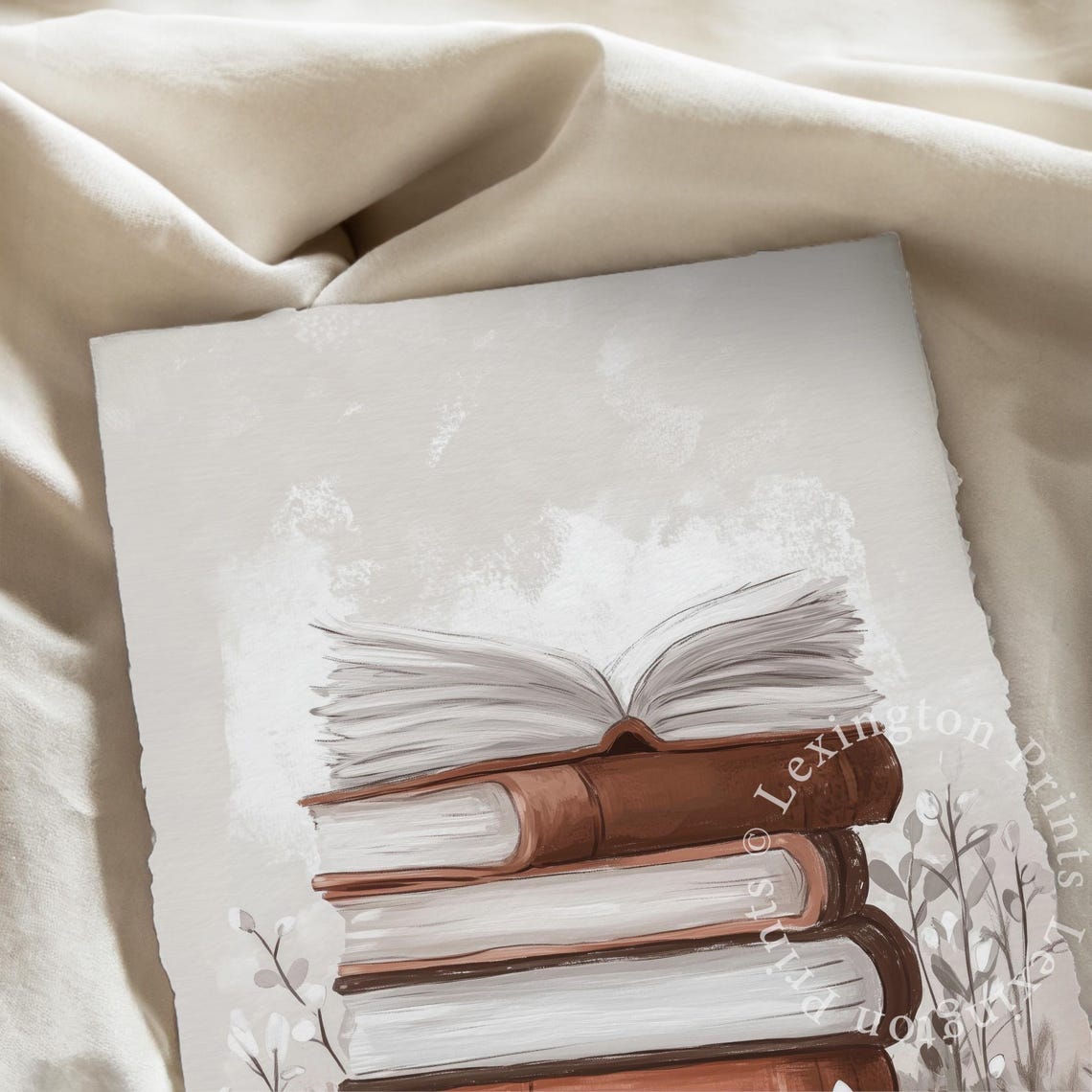 Stack of Books with Open Book Neutral Winter Reading Room Wall Art - Image 7