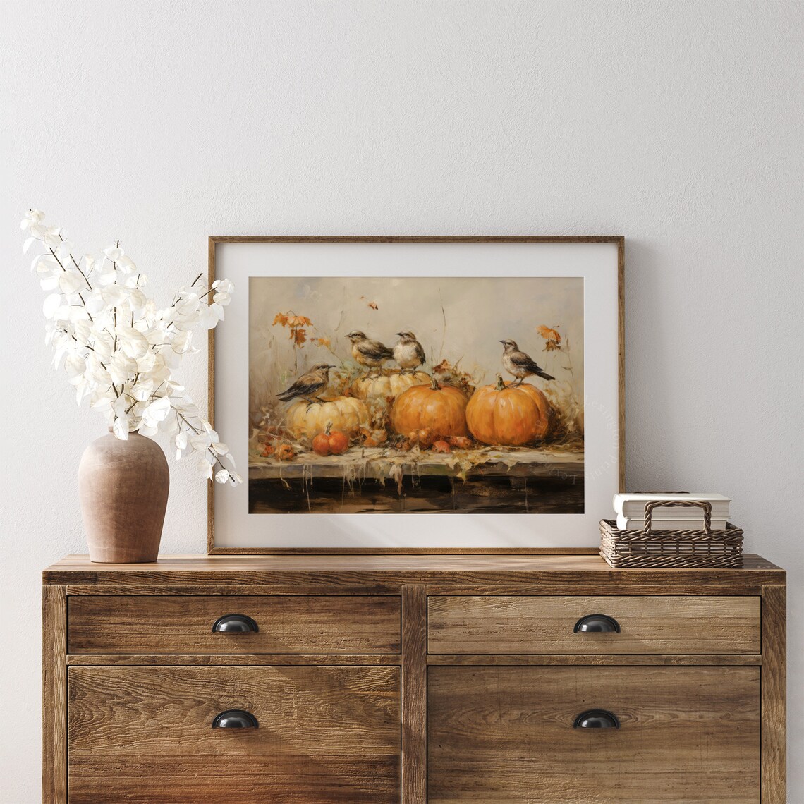 Birds Perched on Pumpkins on Wooden Table Autumn Bird Poster - Image 3