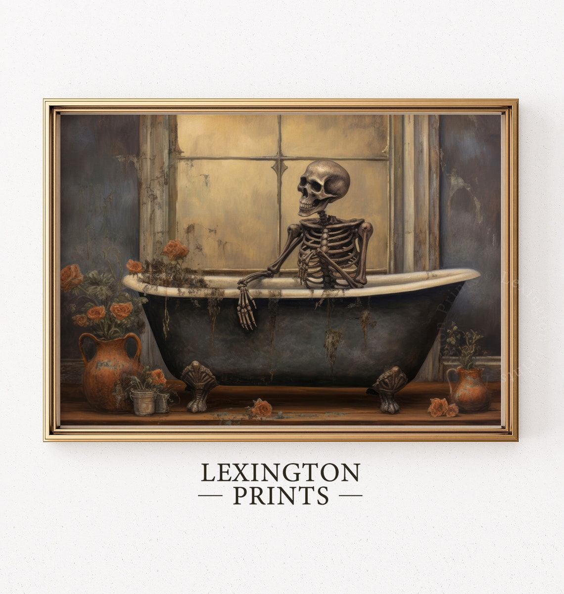 Skeleton in Vintage Clawfoot Bathtub Moody Halloween Wall Art - Image 8