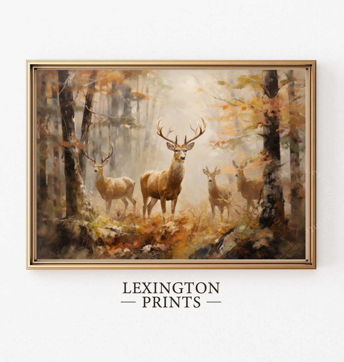 Deer Family in Misty Autumn Forest Rustic Fall Wildlife Wall Art - Image 5