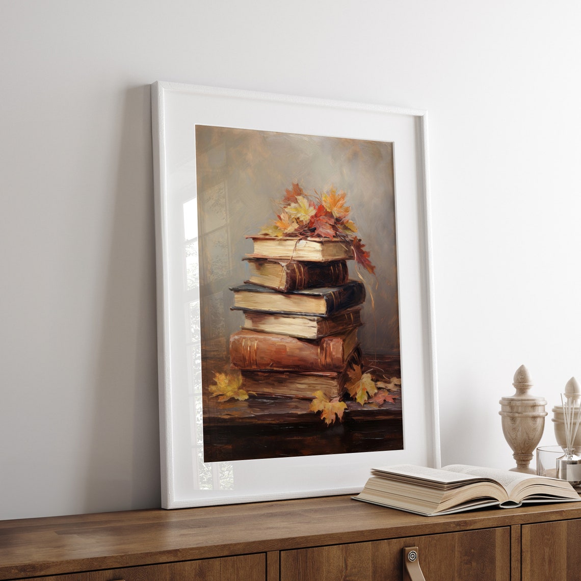 Stack of Old Books with Autumn Maple Leaves Vintage Still Life Poster - Image 7