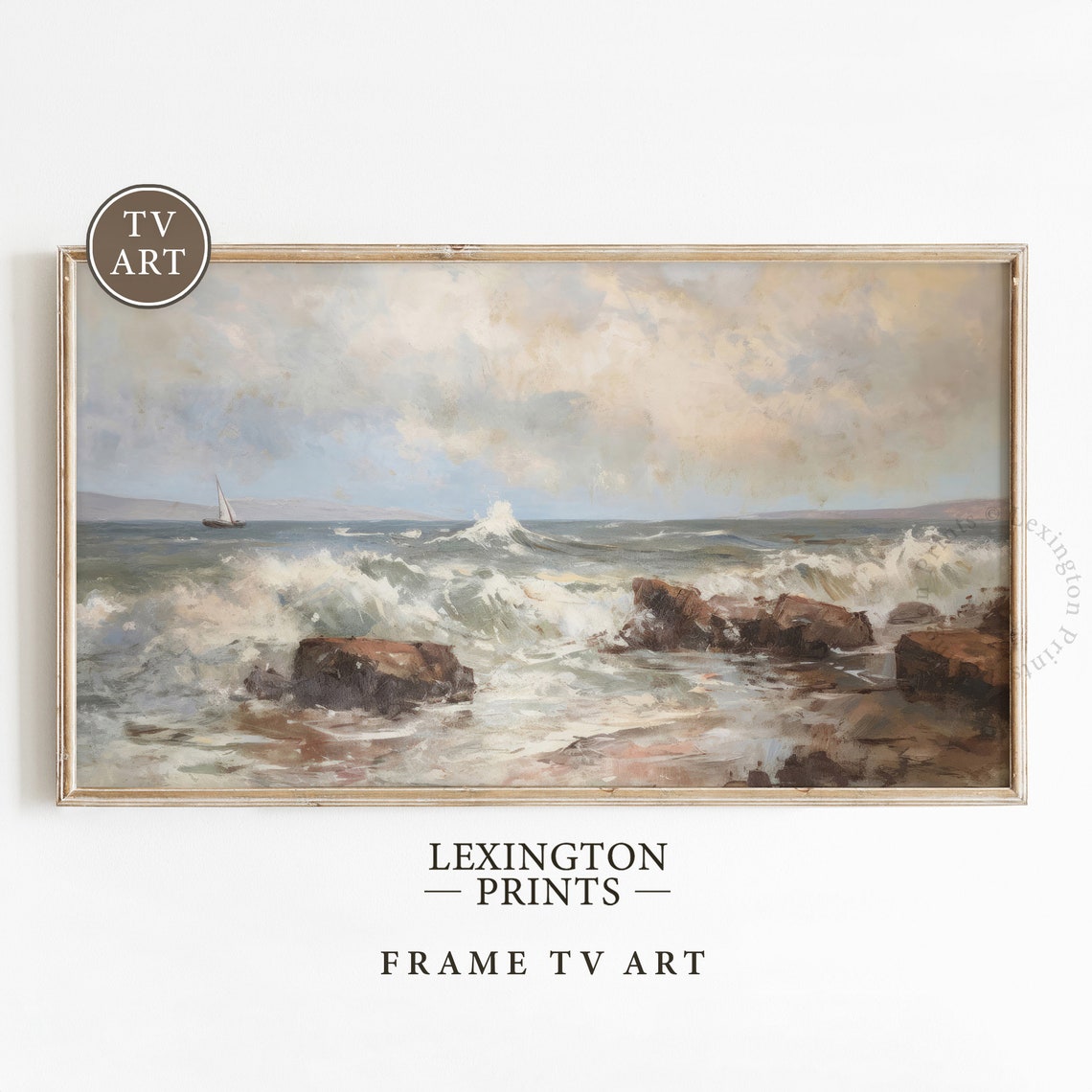 Crashing Ocean Waves Rocky Shore Sailboat Seascape Painting Poster