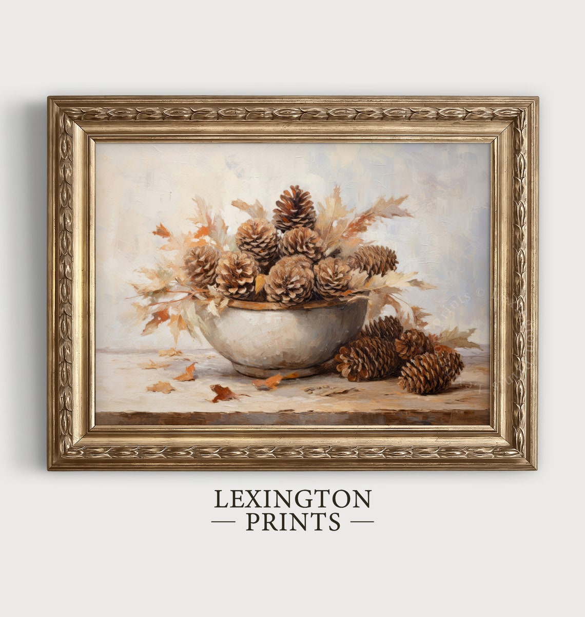 Pinecone Bowl Rustic Fall Harvest Still Life Oil Painting Poster - Image 3
