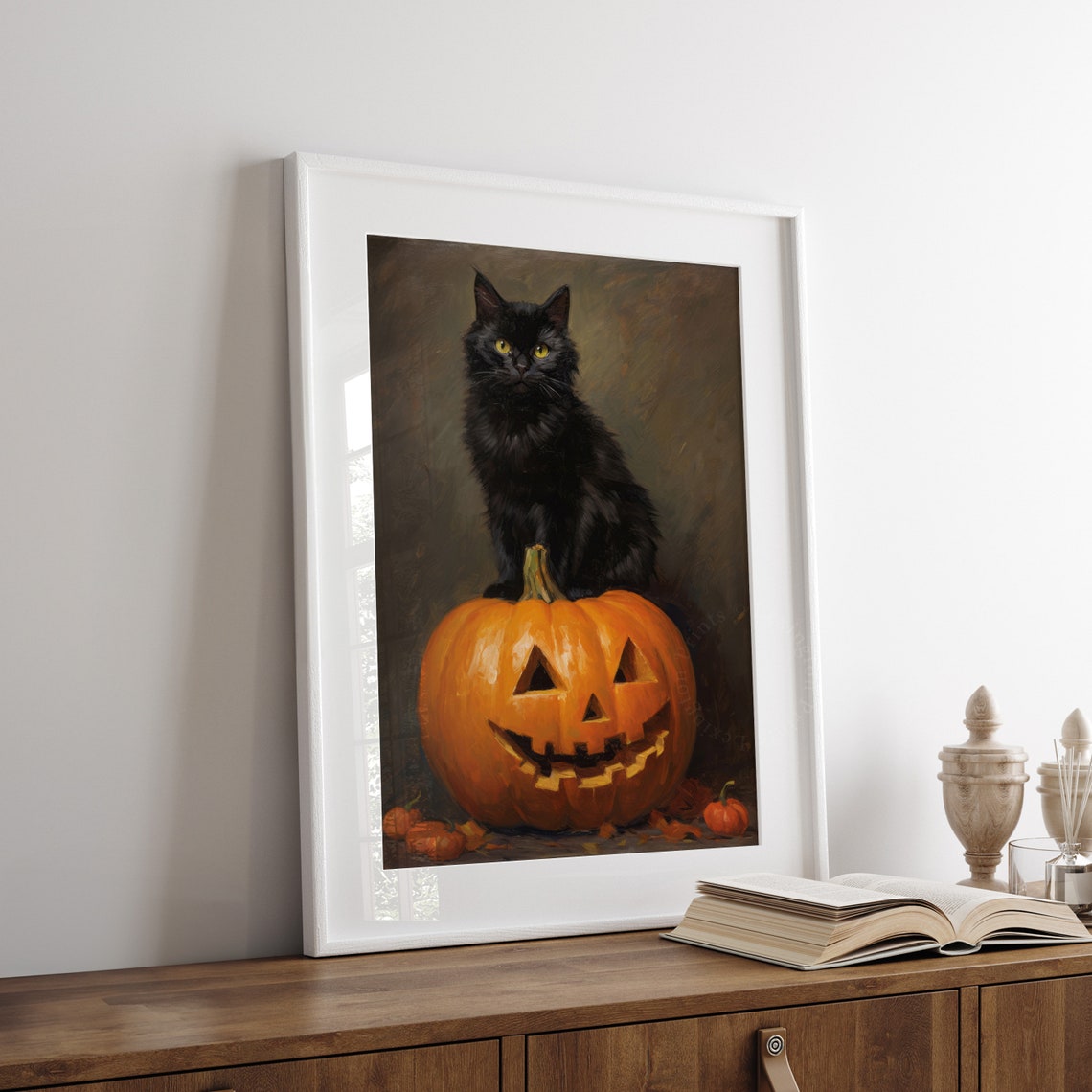 Black Cat Sitting on Carved Jack O Lantern Spooky Halloween Poster - Image 4