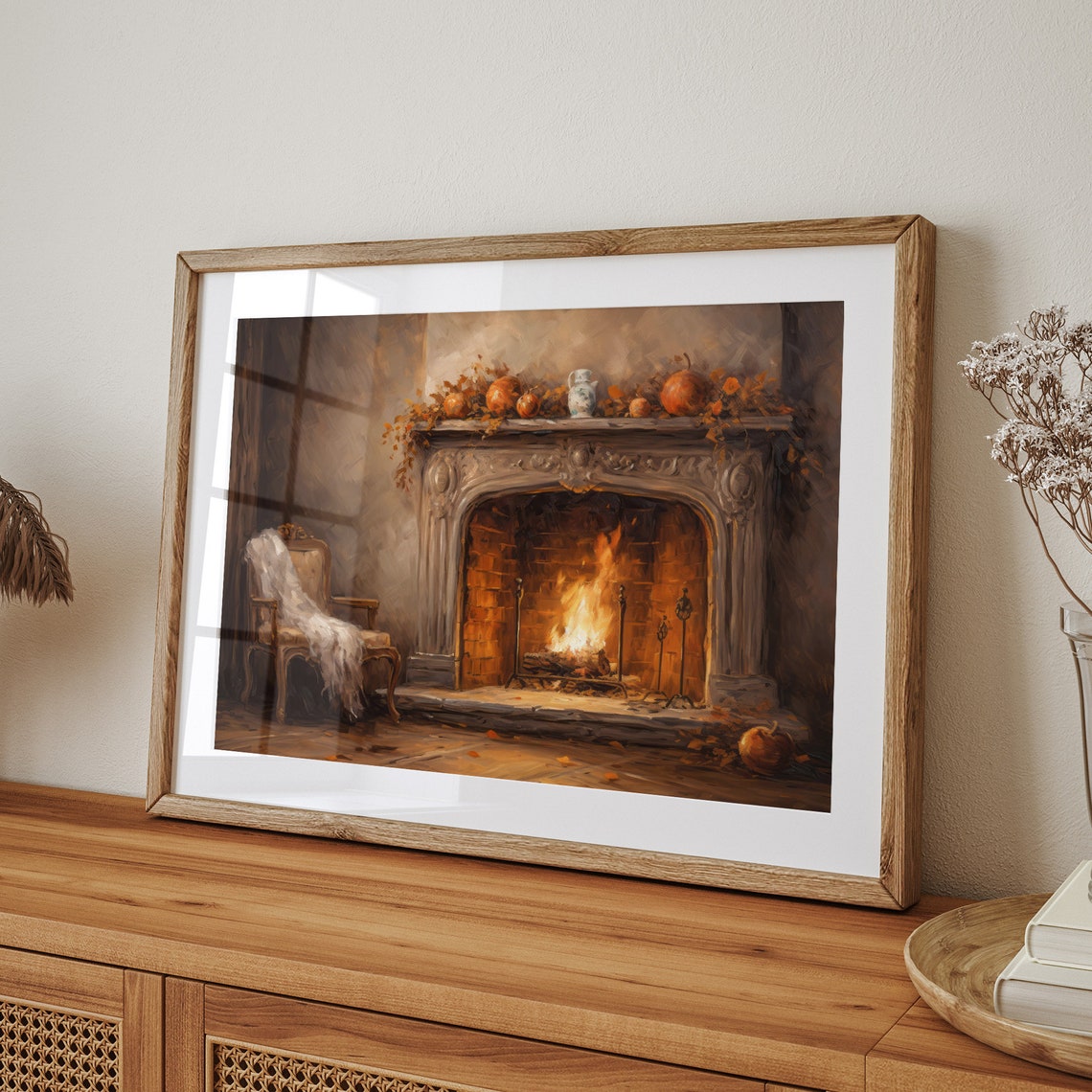 Fireplace with Burning Fire Fall Mantel Vintage Oil Painting Poster - Image 7
