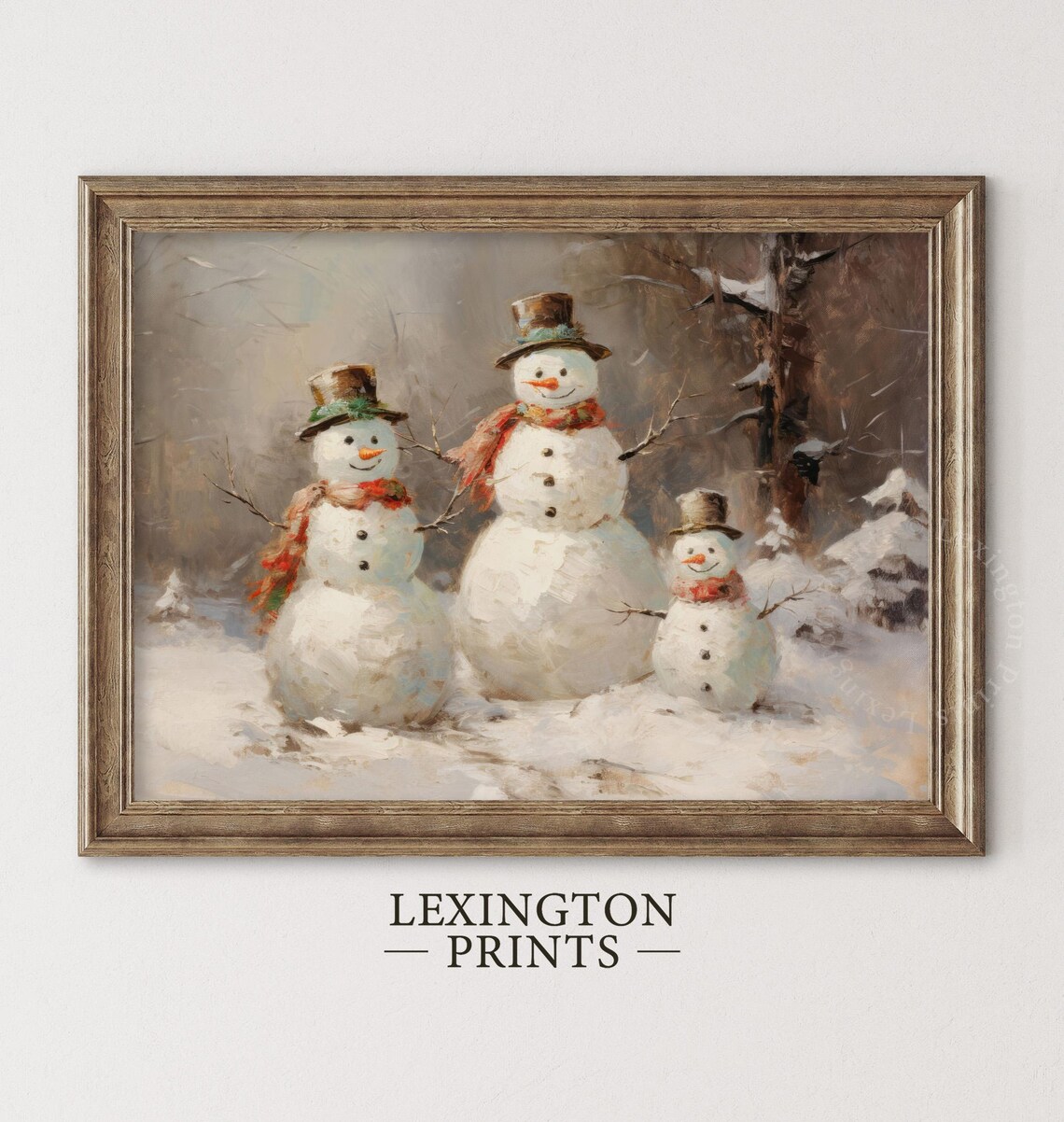 Snowman Family Trio Vintage Christmas Winter Oil Painting Poster - Image 2
