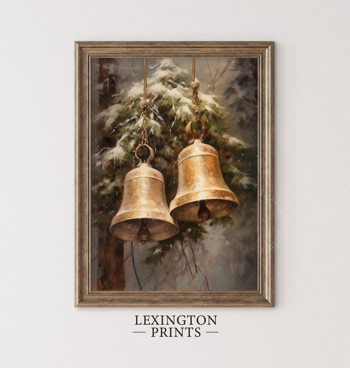 Golden Brass Bells Snowy Fir Branch Vintage Christmas Painting Poster - Image 4