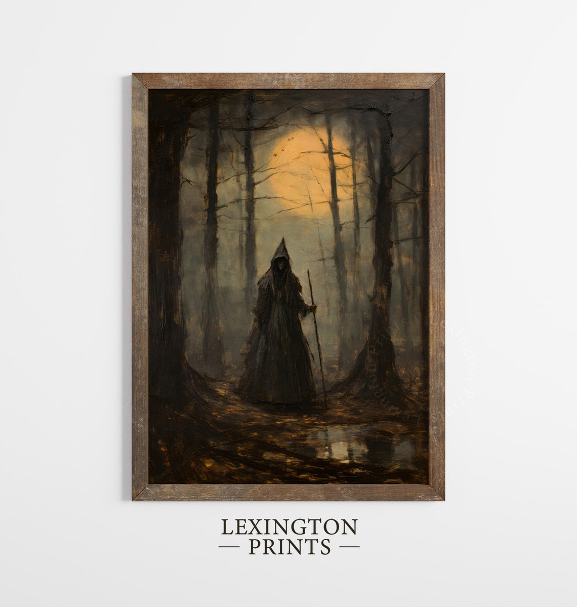 Dark Cloaked Witch With Staff Orange Moon Misty Forest Gothic Poster - Image 7