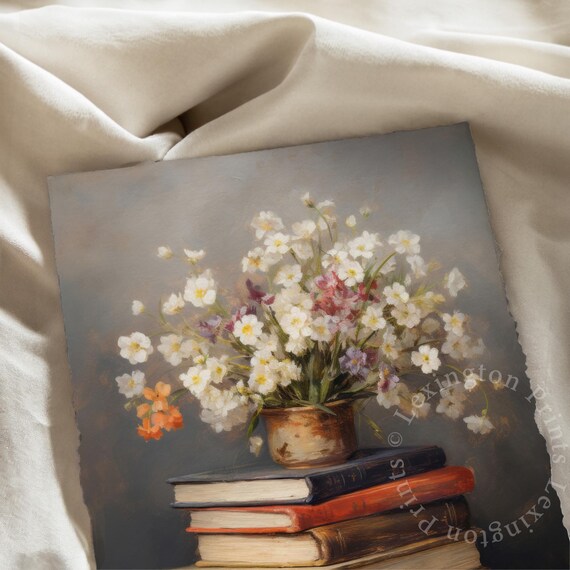 White Wildflower Bouquet in Brass Pot on Books Still Life Art Print