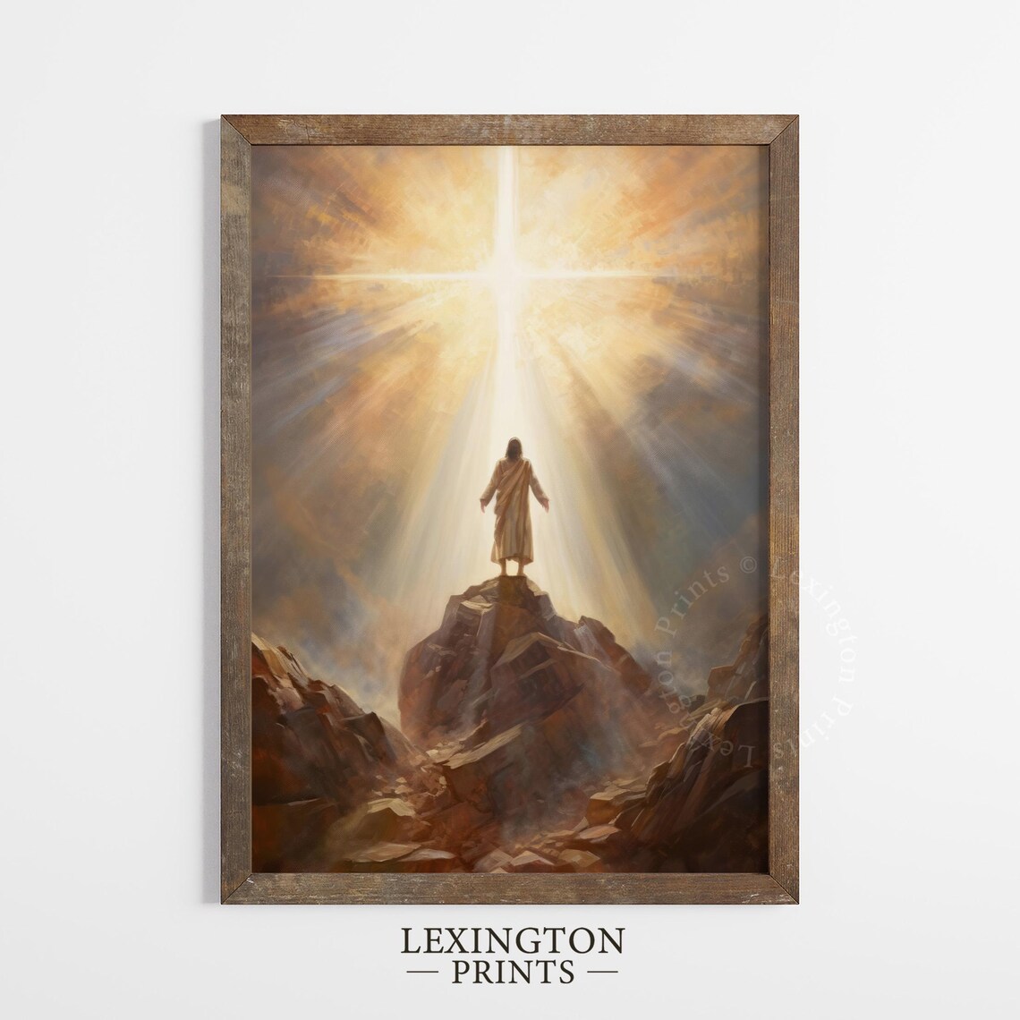 Jesus Christ Standing On Mountain Radiant Cross Golden Sky Christian Poster - Image 4