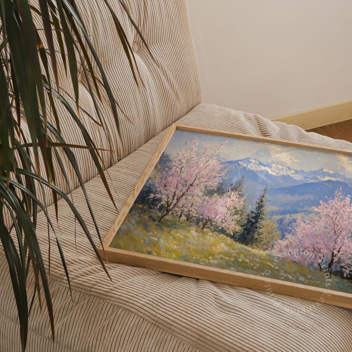 Pink Cherry Blossom Trees with Snowy Mountain Backdrop Wall Art - Image 6