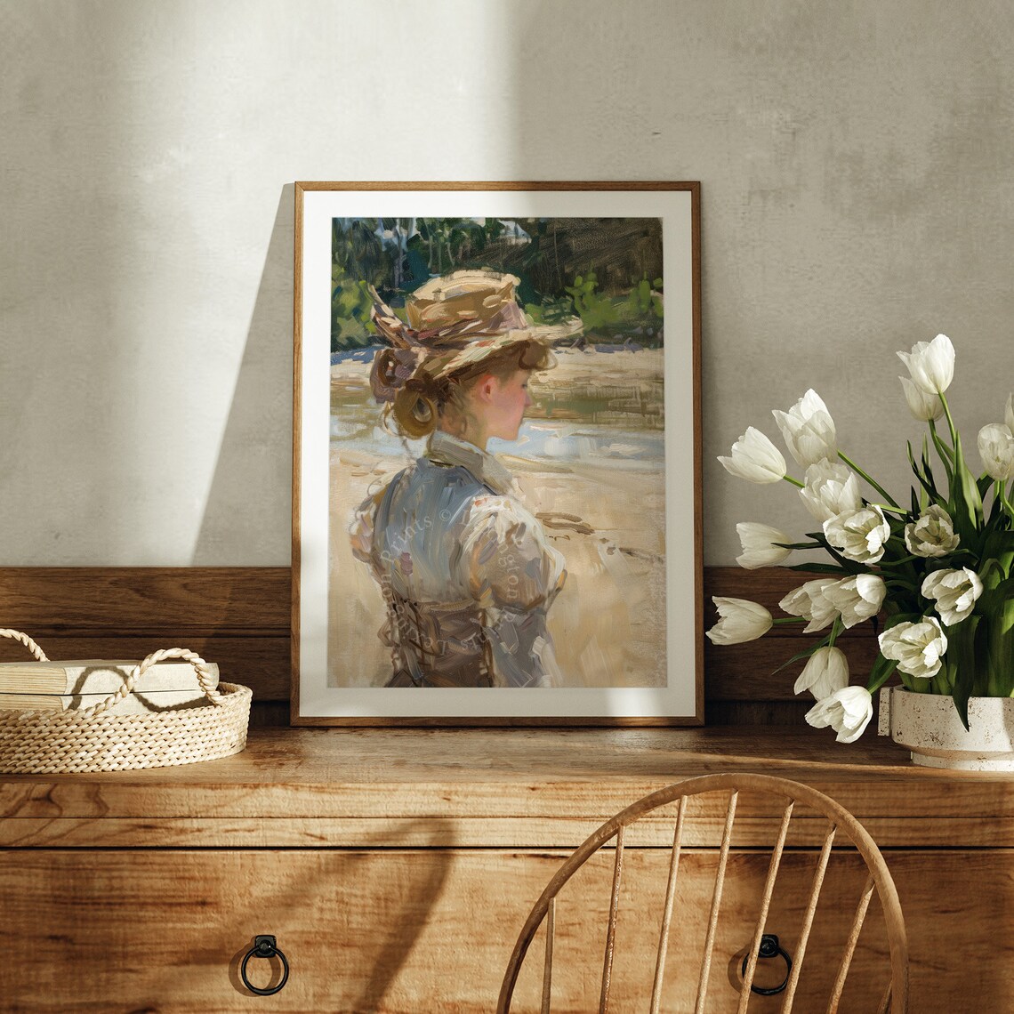 Woman in Straw Hat at the Beach Impressionist Summer Portrait Poster - Image 2