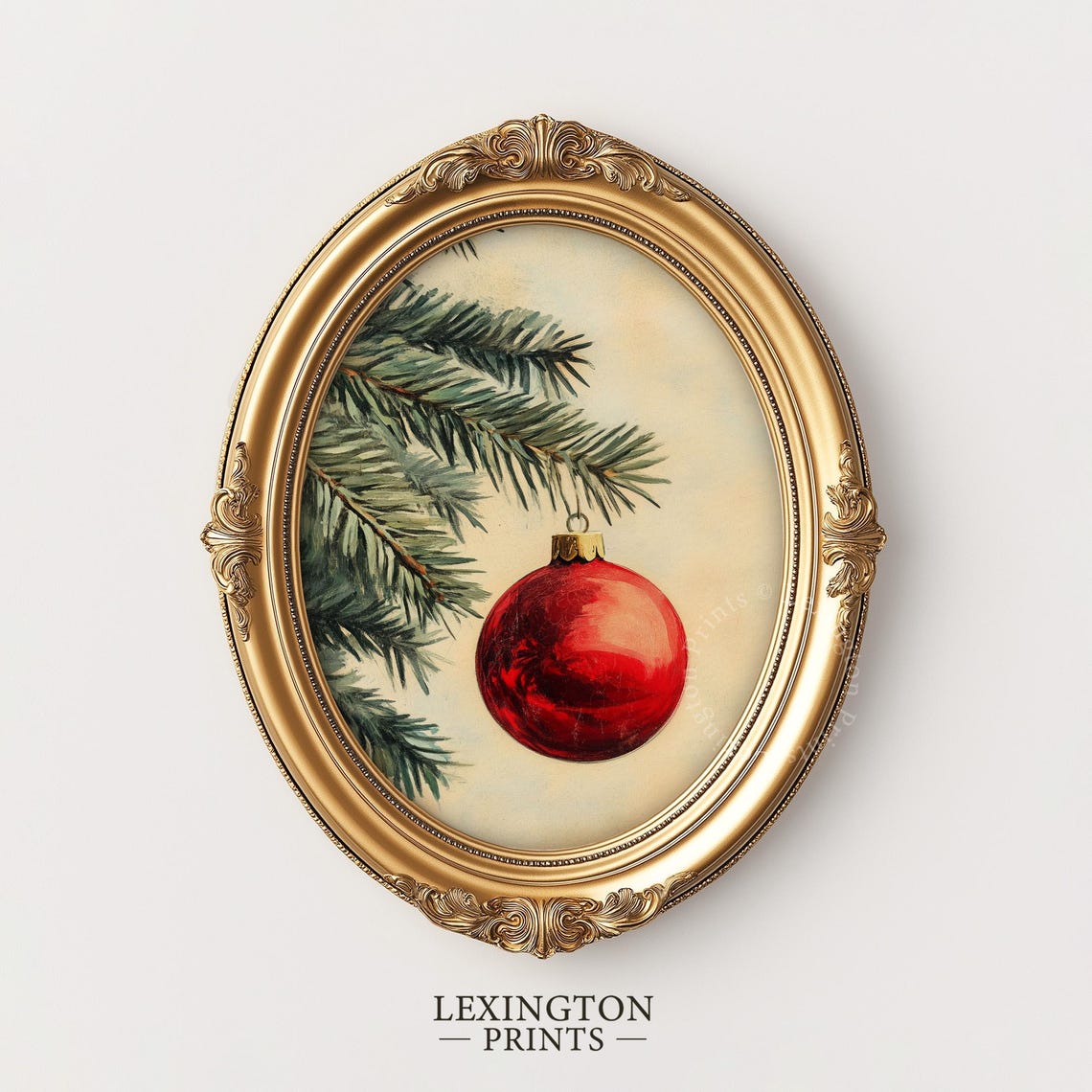Single Red Christmas Ornament on Pine Branch Minimalist Vintage Poster - Image 5
