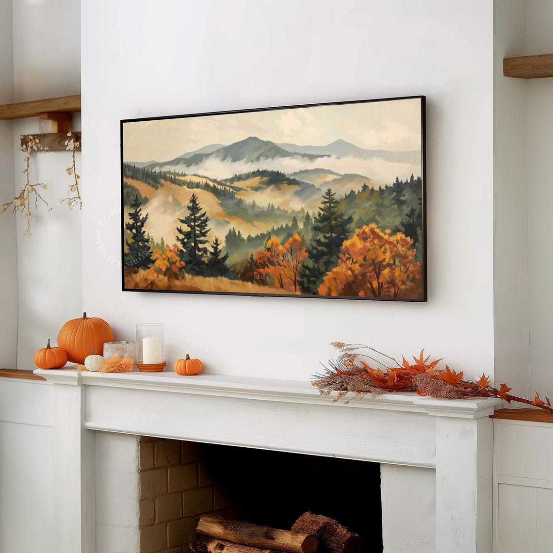 Moody Fall Mountain Landscape with Misty Pines Frame TV Art Print - Image 7