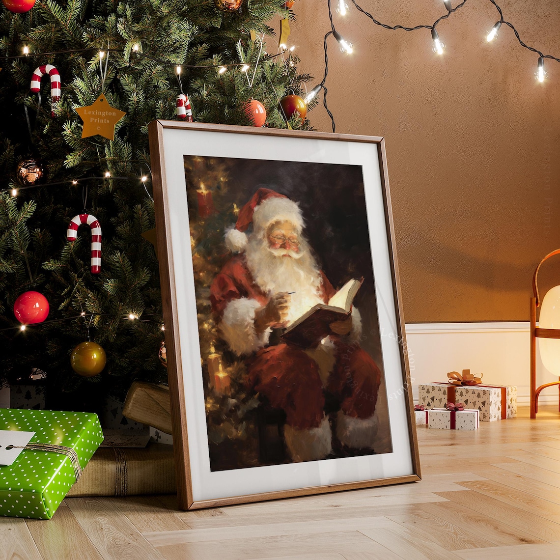 Santa Claus Reading Glowing Book Candlelit Christmas Tree Night Poster - Image 7